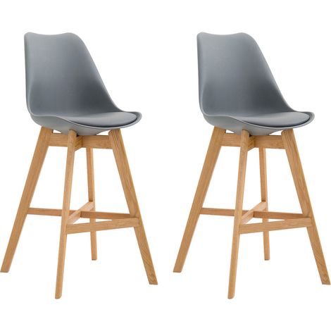 Lot de 2 tabourets de bar scandinaves coque plastique et PVC gris et pieds en bois massif 100005963 (1/5)