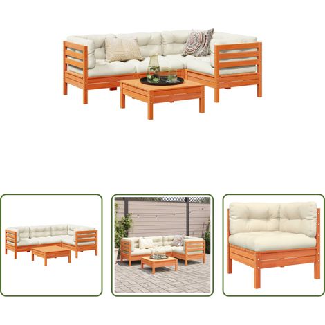 Canapé d'angle - Salon de jardin 5 pcs avec coussins cire marron bois pin massif (1/5)