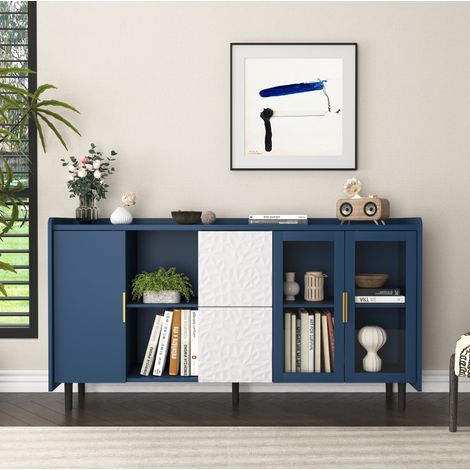 Buffet bleu pour salon et cuisine avec 2 tiroirs, 2 niches ouvertes et 2 portes vitrées (1/5)