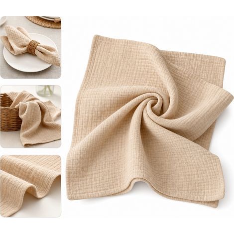 Serviettes de Table en Coton Double Couche Tissu Gaze Beige Lot de 10 43 x 43 cm