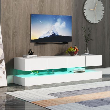 Meuble TV LED discret, support TV mural, meuble TV, meuble TV avec 2 placards et 4 grands tiroirs, convient aux téléviseurs de 55 pouces et moins, blanc, 130x33x15 cm. (1/5)
