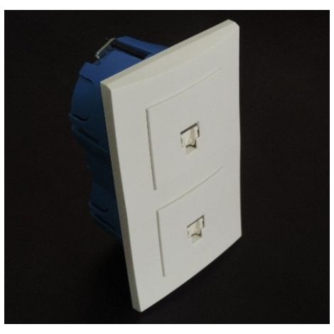Kit encastré de 2 prises RJ45 CAT5 UTP verticale avec plaque blanche et boite placo entraxe 57mm spécial renovation pret à poser