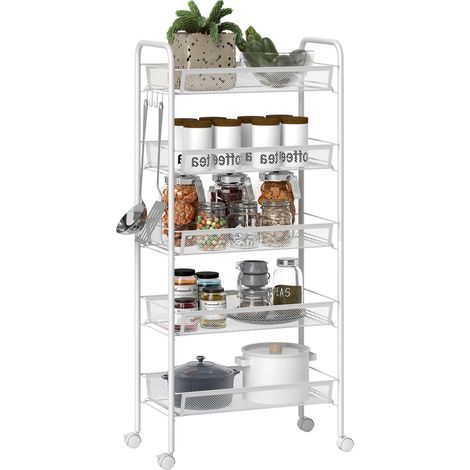 5-tier storage trolley. Rolling cart with removable baskets and 4 hooks. 45x26.5x106cm. White (1/5)
