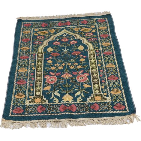 Tapis de prière musulman portable, brodé de motifs floraux raffinés, style ethnique, bleu (1/5)