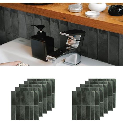 Crédence Carrelage 3D Noir - 10Plaques Muraux Adhésives Étanches, Modulables pour Rénovation et Décoration Moderne