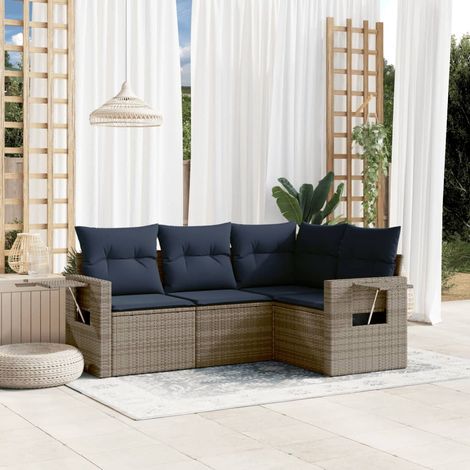 Ensemble canapé de jardin 4 pièces en résine tressée grise, coussins bleu marine - PANGIVO (1/5)