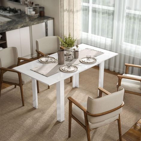 Table à manger extensible 120-160 x 70 cm en mdf blanc brillant, pour 4 à 6 personnes, design moderne et pratique (1/5)
