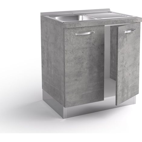 Base fregadero de cocina 80x60x84 cm en madera gris hormigón con fregadero de acero inoxidable y dos puertas - Massa (1/3)