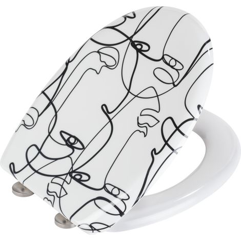Wenko Sedile Wc Faces con Design Duroplast, Meccanismo di Abbassamento Automatico Easy-Close e Fissaggio Igienico Fix-Clip in Acciaio Inox, Antibatterico e Antigraffio, 38 X 45 Cm, Bianco/Nero (1/4)