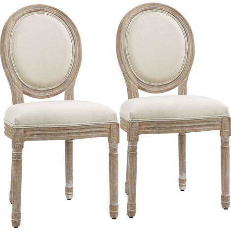 Set di 2 Sedie in Legno Vintage Retro con Rivestimento in Tessuto, 49x56x96cm, Bianco Panna
