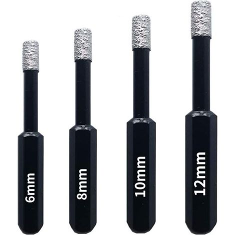 Coffret 4 Forets diamant pour Carrelage, Céramique, Grès Cérame, Tuiles, Verre, Pierre. Professionnelles Mèches Diamantées Scies-Cloches - 6mm 8mm 10mm 12mm