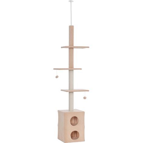 Arbre à chat multi-niveaux (fixation plafond) 220-245 cm, avec couchages, plateformes et cordes en jute – Jaune
