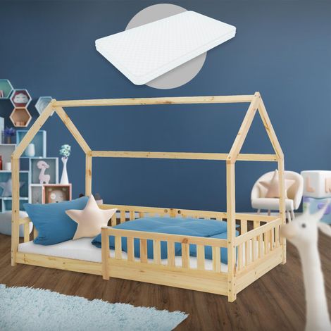 ML-Design Kinderbett 90x200 cm Natur mit Matratze H:16 cm, Rausfallschutz, Dach, Lattenrost, Kiefernholz, Hausbett für Mädchen und Jungen, Spielbett Bodenbett Bettenhaus Jugendbett Kinderhaus Holzbett (1/5)