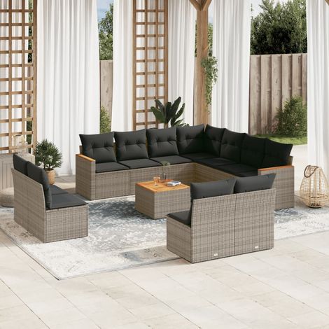 Ensemble Canapé Jardin Modulaire 12 Places Gris Tressé Résine avec Coussins Amovibles et Table Acacia 55x55 cm 1044381 (1/5)