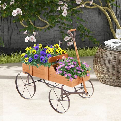 Brouette Décorative en Bois avec 2 Compartiments à Planter Jardinière avec Roues Métalliques et Poignée à l'avant Charge 15kg Orange (1/2)