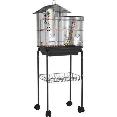 Cage à oiseaux sur roues, 46 x 36 x 120 cm, avec 2 mangeoires, 2 perchoirs, une étagère et une cage pour perruches ondulées, calopsittes, perruches, pinsons et canaris. (1/5)