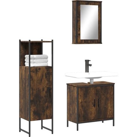 Ensemble de meubles de salle de bain 3 pcs Chêne fumé (1/5)