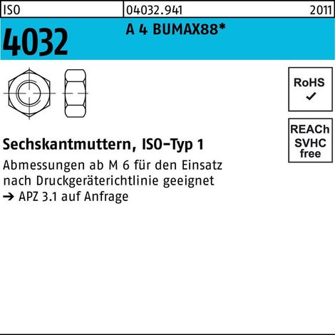 Sechskantmutter ISO 4032 M10 A 4 BUMAX88 50 Stück BUFAB (1/2)