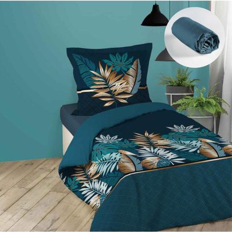Pack parure de couette enfant 140x200 cm Alianor + drap housse 90x190 Bleu (1/3)