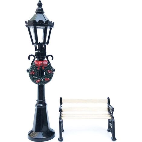 2 Pièces Mini Lampadaire de Noël avec Banc, Accessoire pour Village de Noël et Jardin Féerique (1/5)