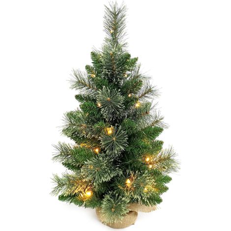 Petit sapin de Noël de 24 pouces avec aiguilles de pin florales, guirlande lumineuse LED blanche chaude, base enveloppée de toile de jute, ornement pour table, bureau, série classique, décoration de v (1/5)