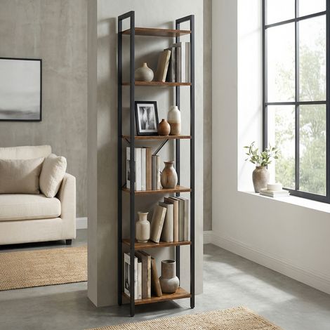 Bibliothèque Industrielle 6 Niveaux, pour Salon, Bureau, Chambre, 30 x 40 x 186 cm, Marron et Noir (1/5)