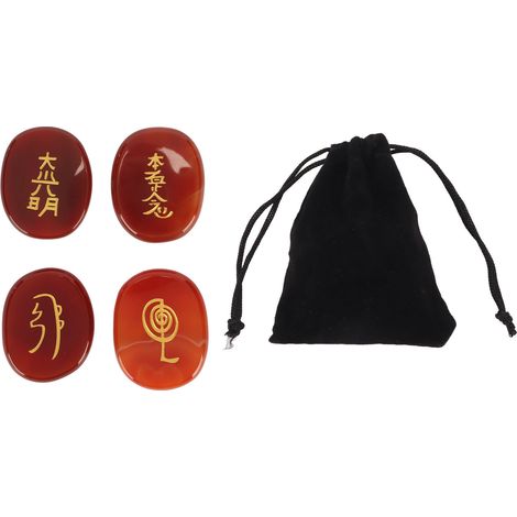Set aus 4 natürlichen roten Achat-Runensteinen mit eingravierten Reiki-Symbolen, flache ovale Form, inklusive Aufbewahrungsbeutel (1/5)