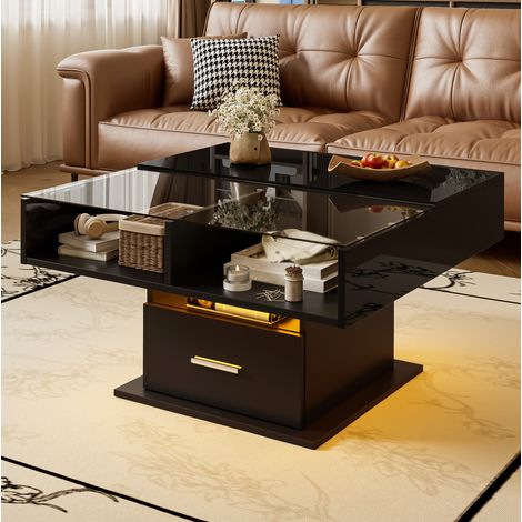 Höhenverstellbarer LED-Couchtisch, 78 x 78 cm, aus Spanplatte, schwarz HAVRYA (1/5)