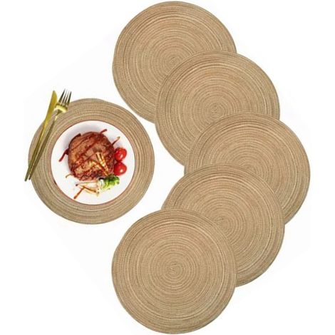 Lot de 6 sets de table ronds antidérapants, isolants et décoratifs tissés, couleur kaki, 30 cm (11,8 pouces), pour la maison et les cafés. (1/5)