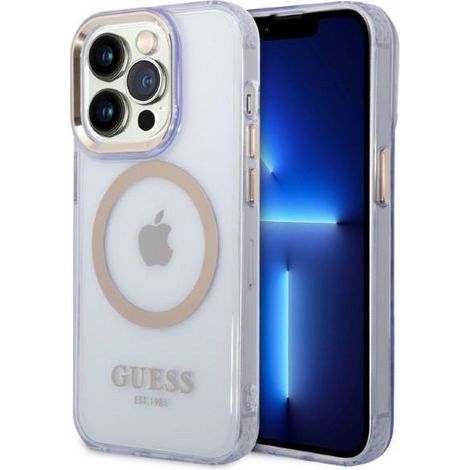 Guess GUHMP14LHTCMU Custodia rigida viola/viola per iPhone 14 Pro 6.1 con contorno dorato e MagSafe traslucido (1/5)
