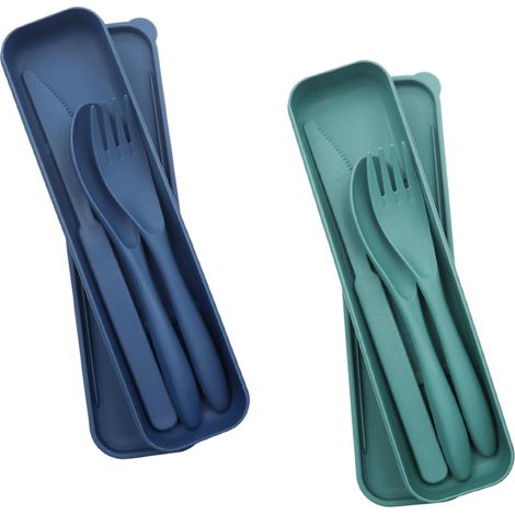 Lot de 2 couverts avec étui, portables voyage, couteaux et fourchettes plastique réutilisables, 2 couleurs. (1/5)