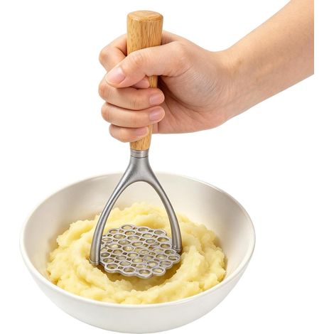 Presse-purée à double manche en bois Outil de cuisine pour la maison, la salle à manger et la préparation quotidienne d'avocats, bananes, haricots, fruits tendres et légumes. (1/5)