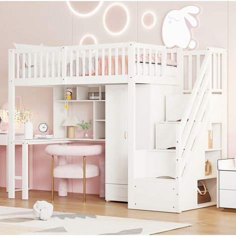 CHICFURN Cama alta 90x200 cm de madera blanca con escritorio, almacenaje y armario (1/5)