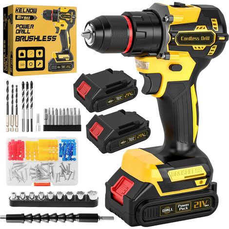 Perceuse Visseuse Sans Fil Brushless 21V, Perceuse Percussion 60 Nm, 2 Batteries 2.0Ah, Mandrin Métal 10 mm, 2 Vitesses 25+3 Couples, Visseuse Dévisseuse avec 87 Accessoires Bricolage (Jaune) (1/5)