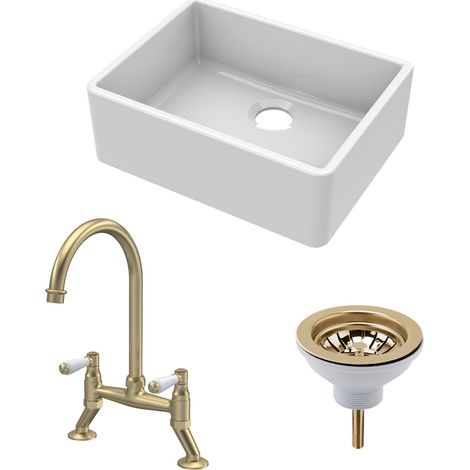 Fireclay Kitchen Bundle - Single Bowl Butler Sink, Strainer Waste & Bridge Lever Mixer Tap, 595mm - Brushed Brass - Balterley