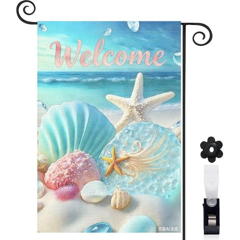 Drapeau de jardin bienvenue 30 x 45 cm motif coquillages marins et étoiles de mer toile double face décoration extérieure (1/5)