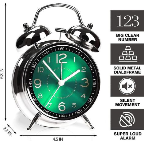 Réveil super puissant pour adultes qui dorment lourdement, double cloche rétro 4 pouces, silencieux, sans tic-tac, à quartz , cadran lumineux, réveils pour chambre à coucher (1/3)