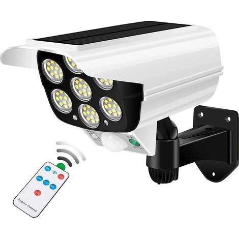 Projecteur solaire extérieur étanche à 77 LED avec détecteur de mouvement, sans fil, avec télécommande. Leurre factice pour fausse caméra de sécurité, compatible avec porche, jardin et terrasse. (1/5)