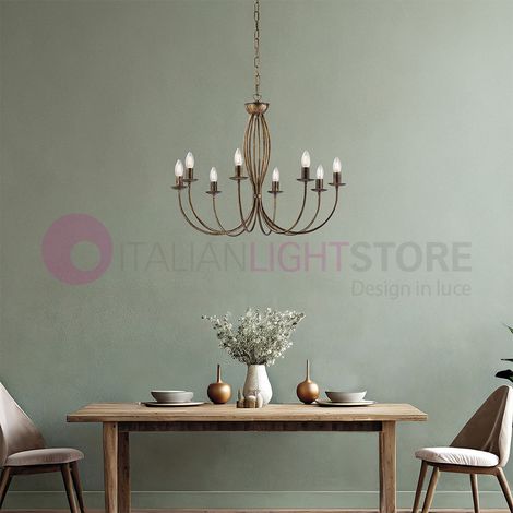 Lampadario Rustico Botte 8 Luci In Ferro Battuto Marrone E Oro (1/4)