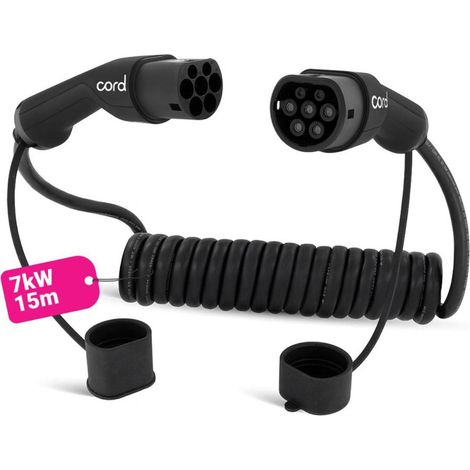 Cord Coiled 15m EV Charging Cable 230V 32A 7.4kW Portable Fast Charger UK Plug