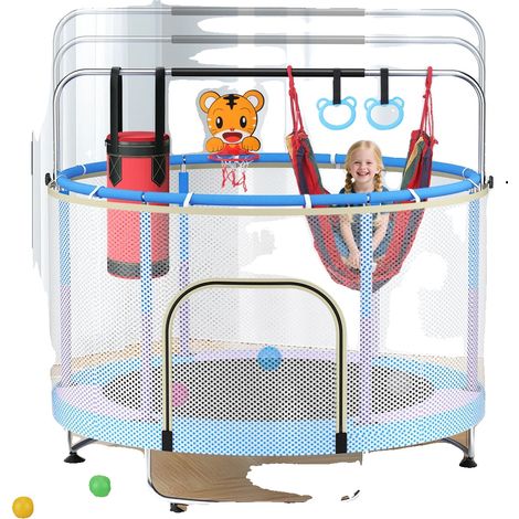 Trampoline pour enfants, barre réglable, accessoires multiples, Bleu (1/2)
