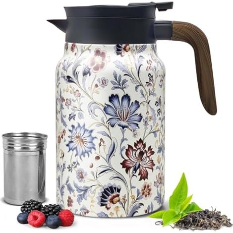 Grande théière avec infuseur intégré à motif floral vintage en acier inoxydable amovible pour la maison et le bureau (F) 1500 ml
