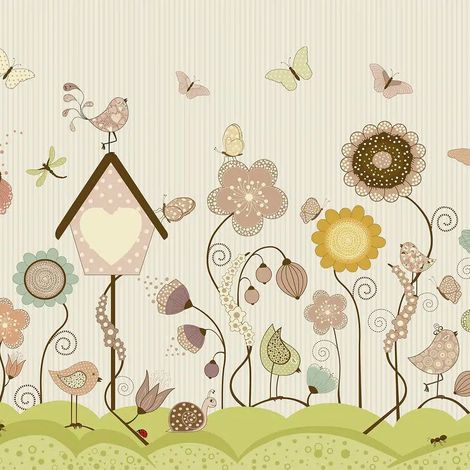 papier peint panoramique fleurs et oiseaux vert et beige - Sanders & Sanders (1/5)