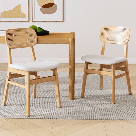 Wahson Esszimmerstühle 2er Set Kunstfell Küchenstühle, Rattan Polsterstuhl mit Rückenlehne für Esszimmer/Wohnzimmer/Küche, Beige
