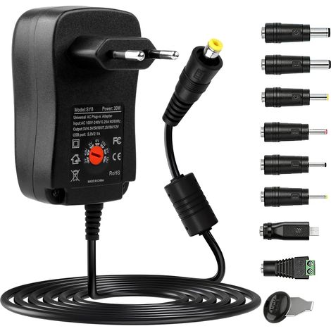 30W Adaptateur Secteur Universel AC DC 12V 9V 7.5V 6V 5V 4.5V 3V 2A Transformateur d'alimentation avec 8 Embouts Sélectionnables pour Bandes LED Routeur TV Box Electronics Ménages (1/5)