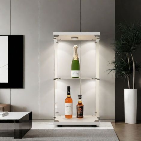 Glasvitrine mit 2 Regalen und LED - Vitrine 40.35x36.5x86 cm für Wohnzimmer / Büro / Schlafzimmer - Sicherheitsglas - 1 Tür - Weiß