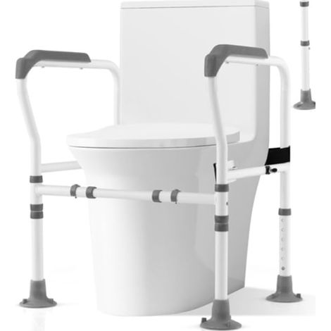 COSTWAY Supporto di Sicurezza Telaio Autonomo per WC, Supporto per WC Regolabile in Altezza e Larghezza con Cinghia di Fissaggio, Con Ventose Antiscivolo (Grigio)