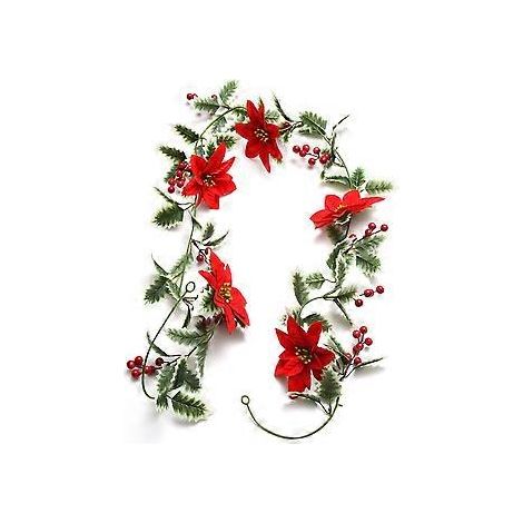 Guirlande de Noël décorative : guirlande de baies artificielles avec poinsettias et pommes de pin réalistes et éclatantes, idéale pour la décoration intérieure et extérieure, toujours verte (1/5)