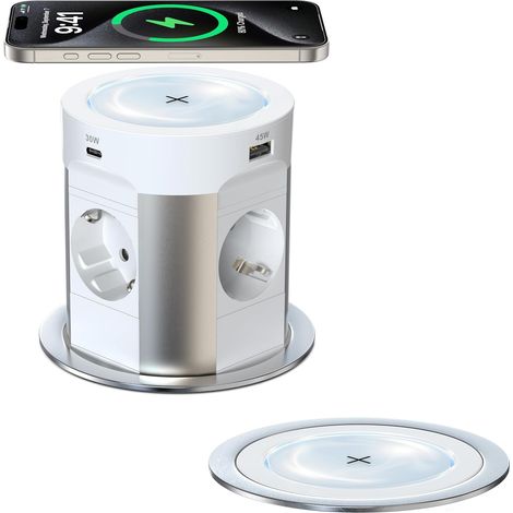 Multiprise de table 9 en 1 avec USB C PD75 W, 4 prises, avec charge sans fil de 15 W, prise rétractable Sewingvr pour plan de travail, bureau, cuisine, câble de 1,8 m, diamètre 100 mm, blanc