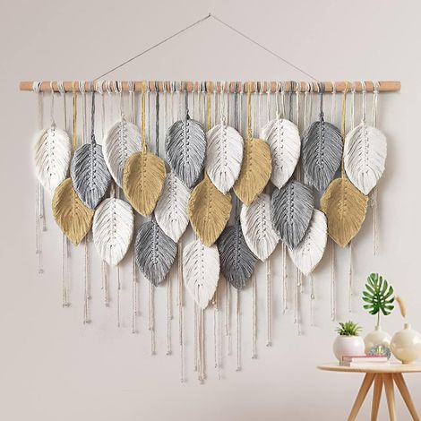 Macramé grande tapisserie murale bohème, décoration chic plume et feuille pour salon. (1/5)